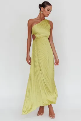 Amelie One-Shoulder Accordion Pleat Maxi Dress Lime