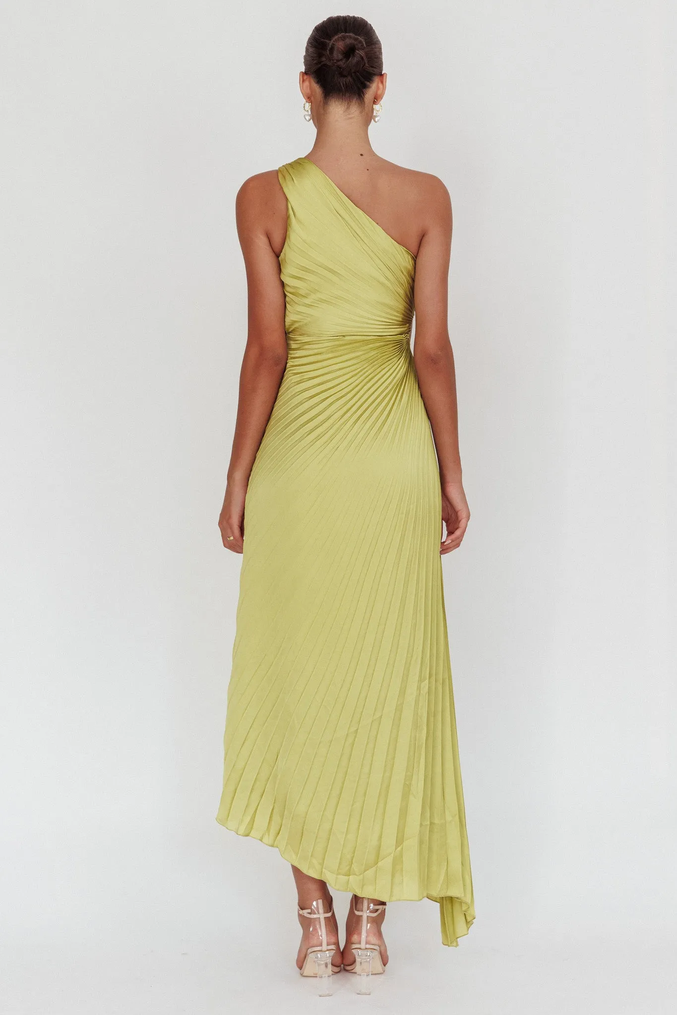 Amelie One-Shoulder Accordion Pleat Maxi Dress Lime