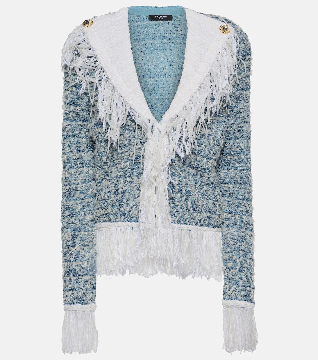 Balmain denim tweed jacket with fringe, blue