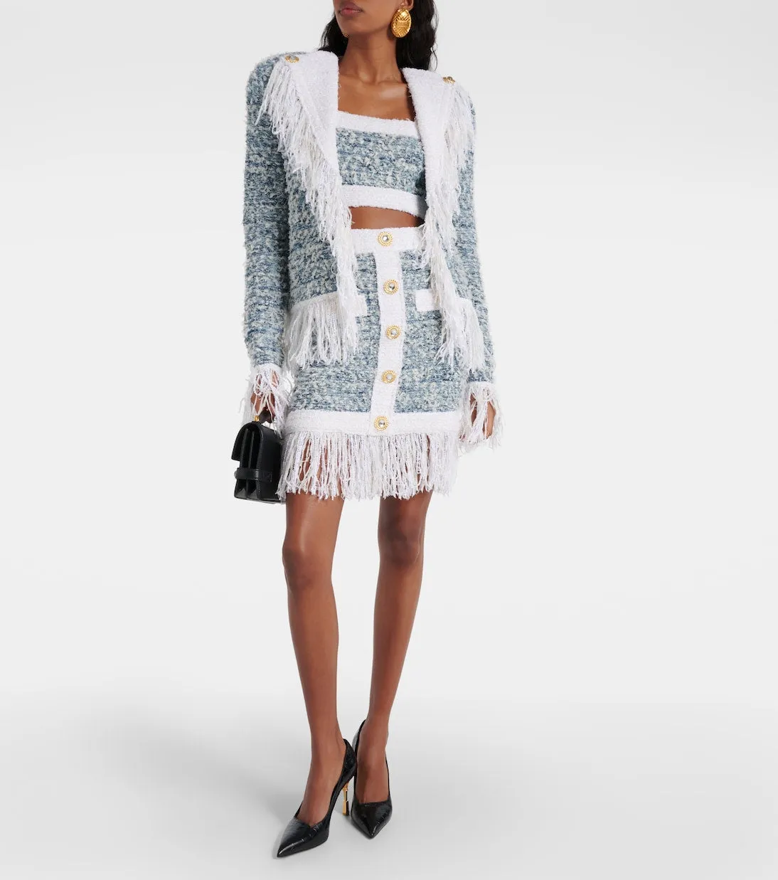 Balmain denim tweed jacket with fringe, blue