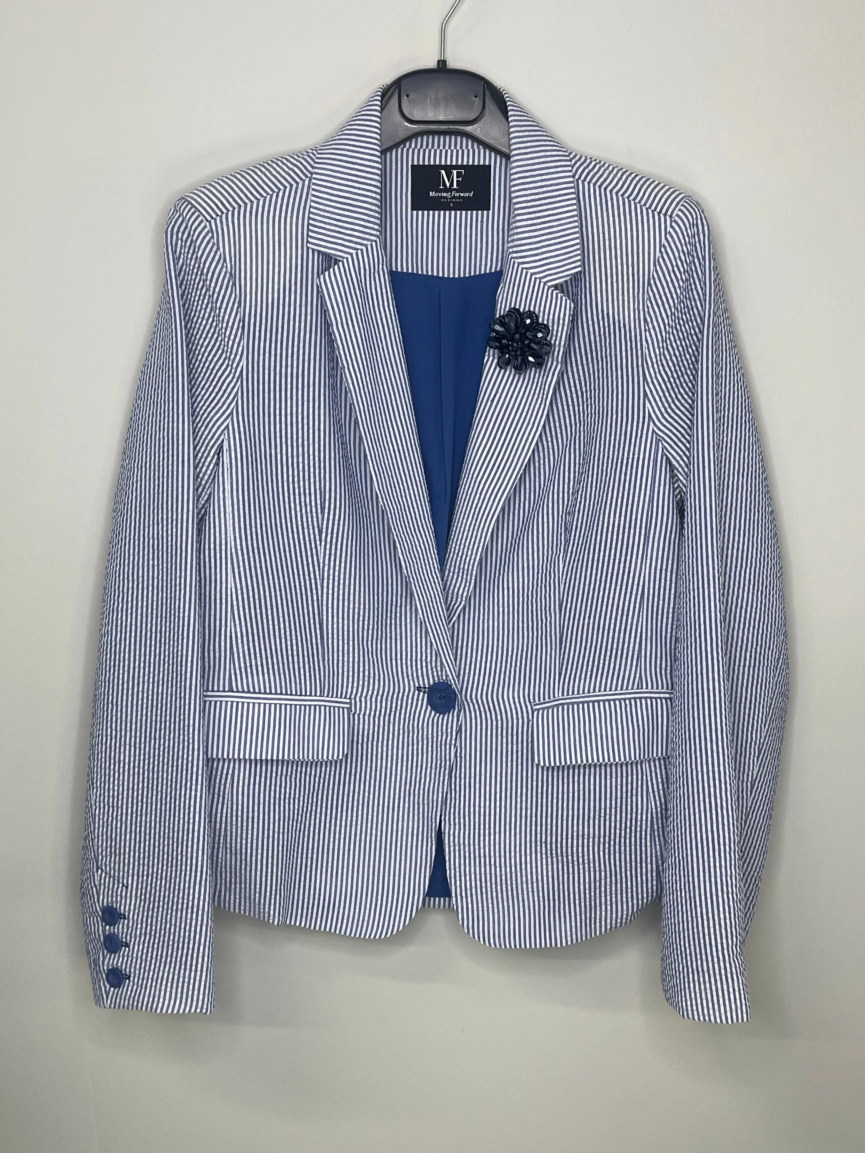 Blazer, Seersucker Blue, Beaded Flower on Lapel