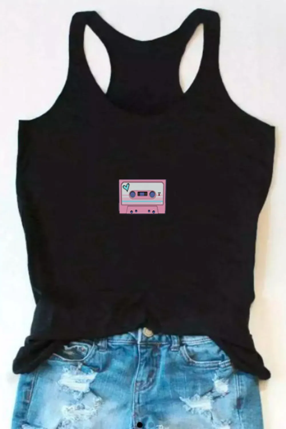 Casette pink print Black Tank Top