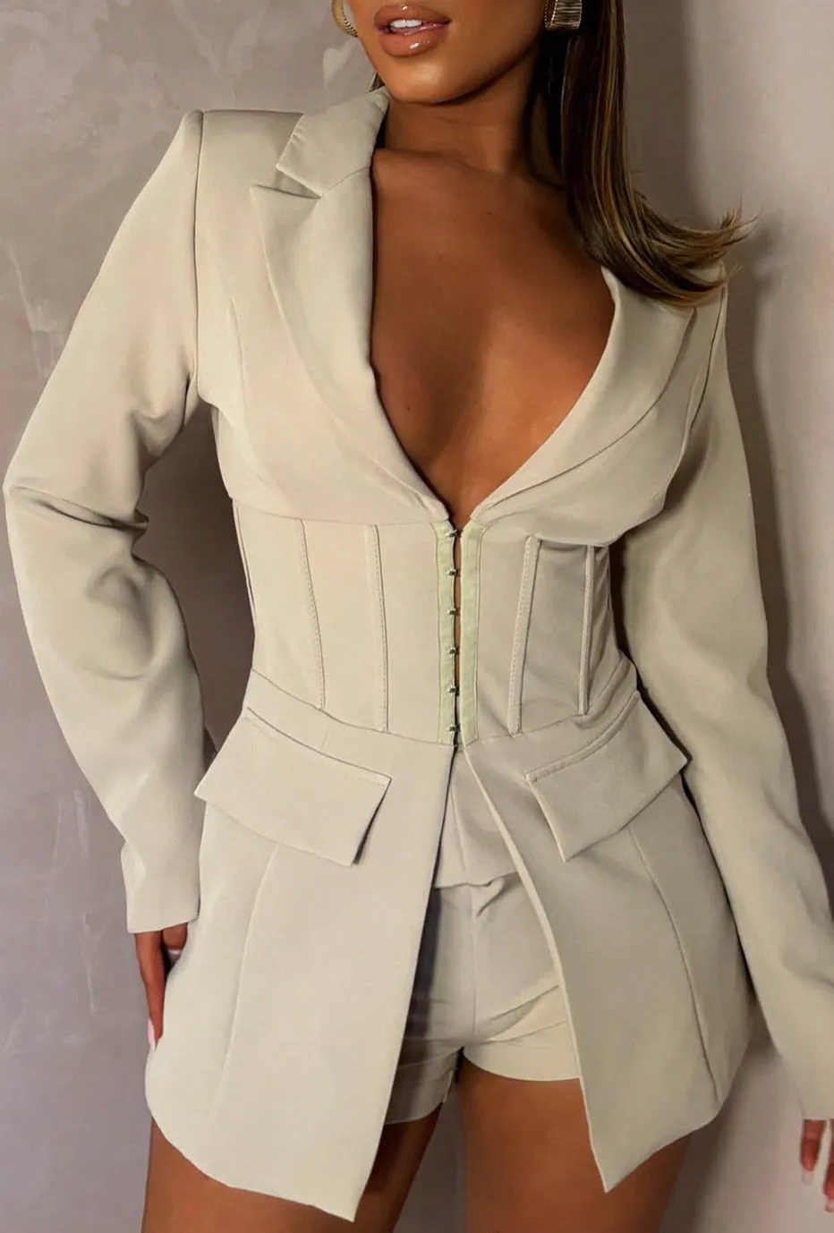 Corset Cute Nude Corset Detail Blazer And Shorts Co-Ord Set