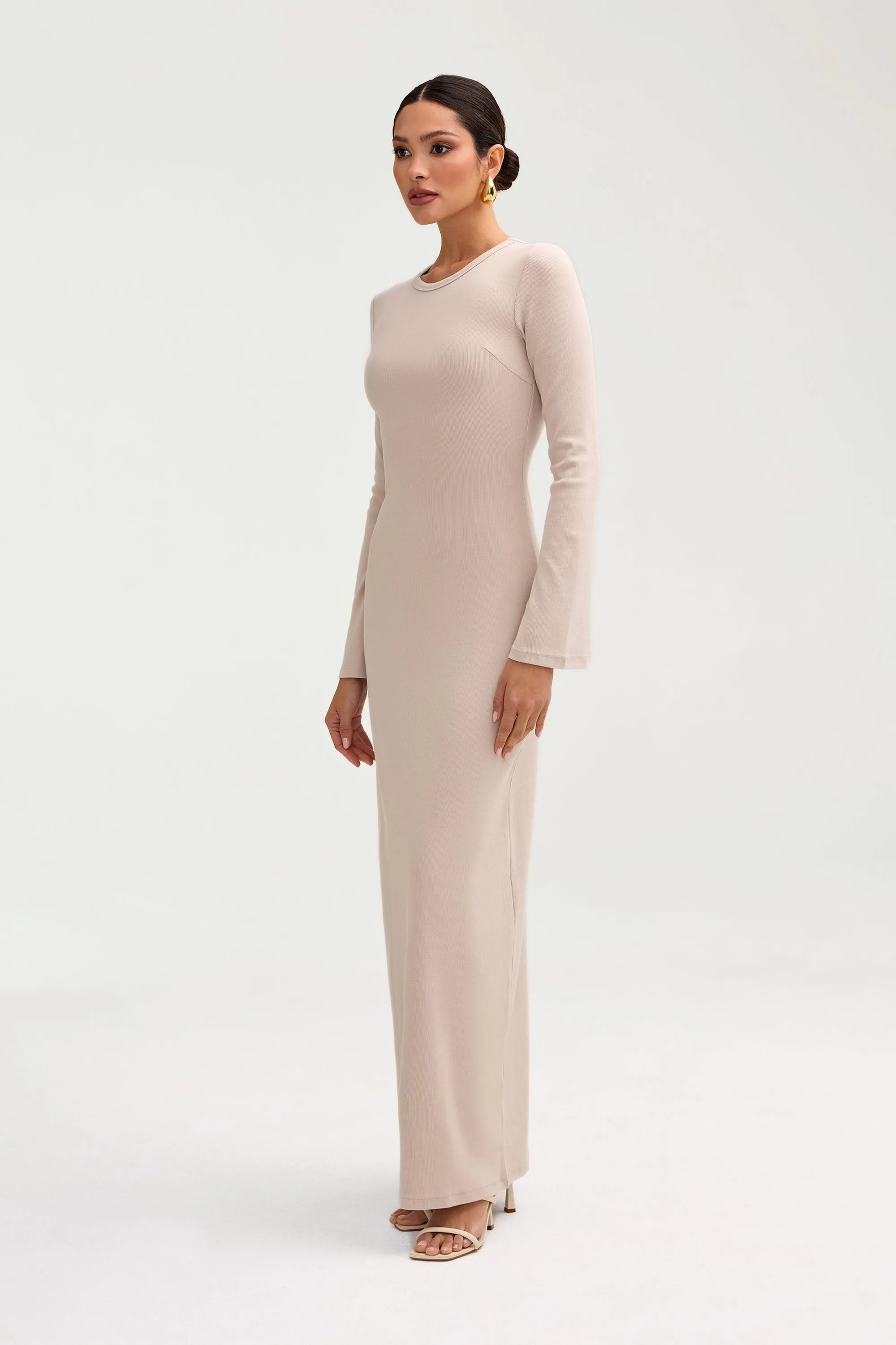 Ella Ribbed Split Cuff Maxi Dress - Cloud