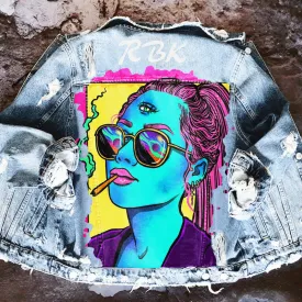 Fashion trendy cool graffiti illustration ripped denim jacket