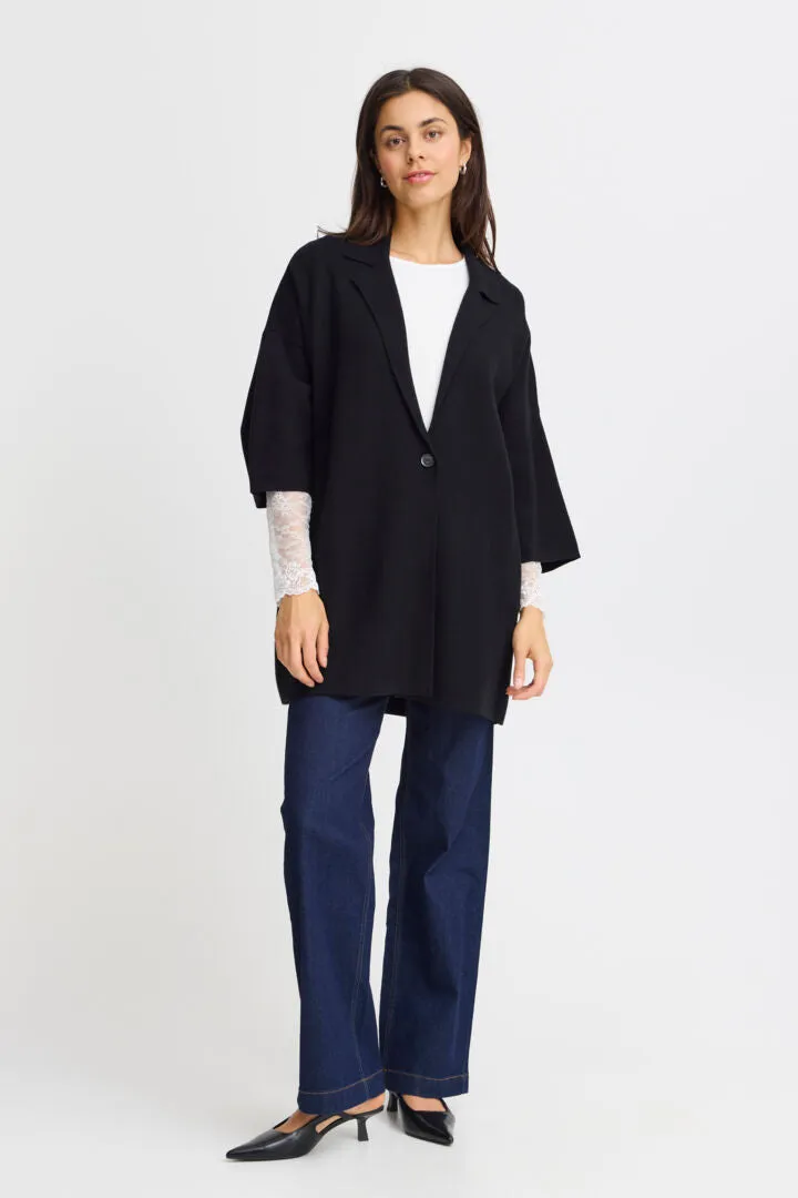 Fransa long Black Cardigan with revere collar and pockets