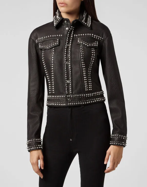 Philipp Plein Studs Skull Leather Jacket Size S