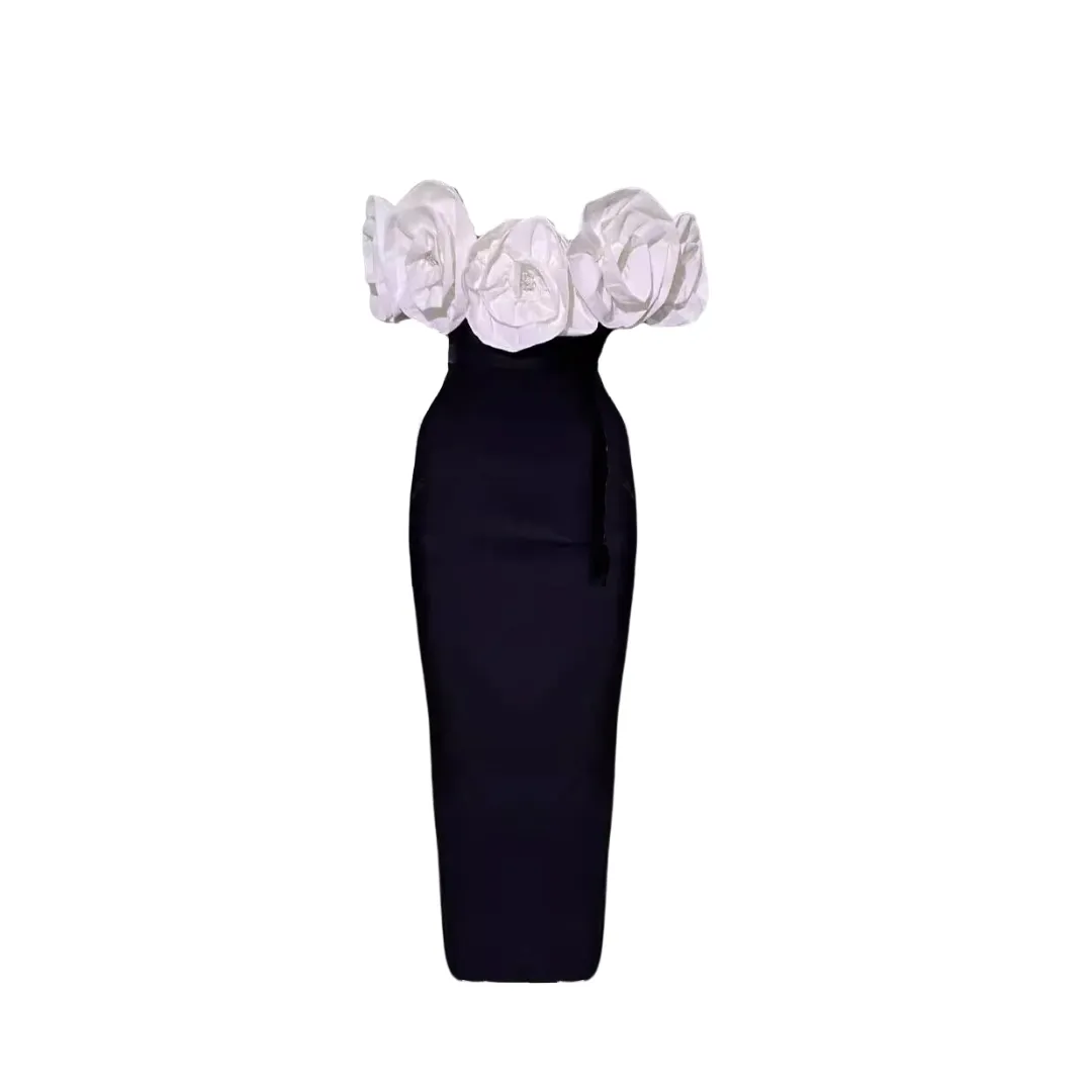 Pre Order: Large White Flower Black Bandage Dress