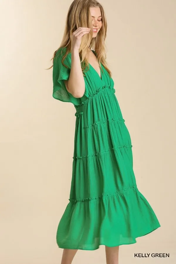 Smocked Short Sleeve V-Neck Textured Tiered Maxi Dress with lining