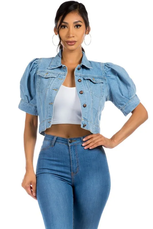 TEEK - LIGHT BLUE CROPPED DENIM PUFF SLEEVE JACKET