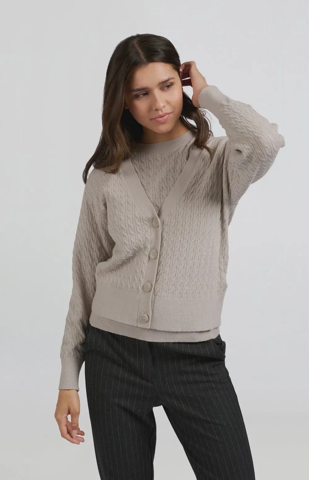 Yaya Cable Knit Cardigan  V-neck Dove Gray